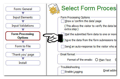 Form processing options page